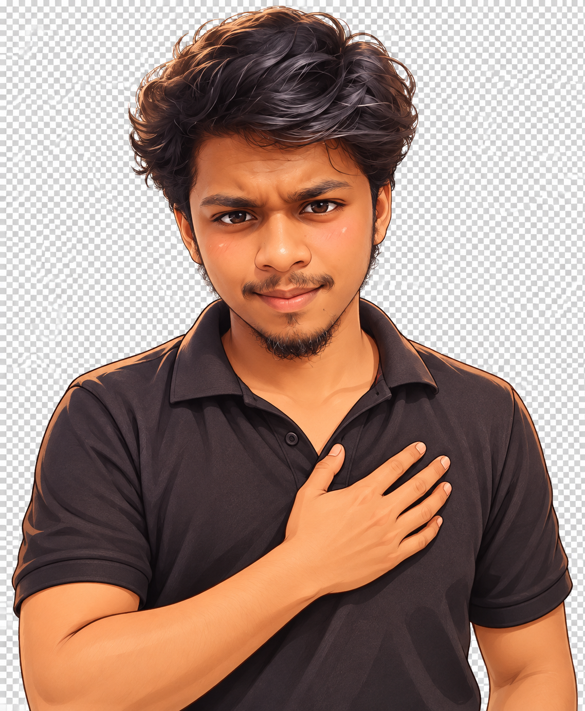 A cute anime-style portrait of Surya, smiling with his hand over his heart