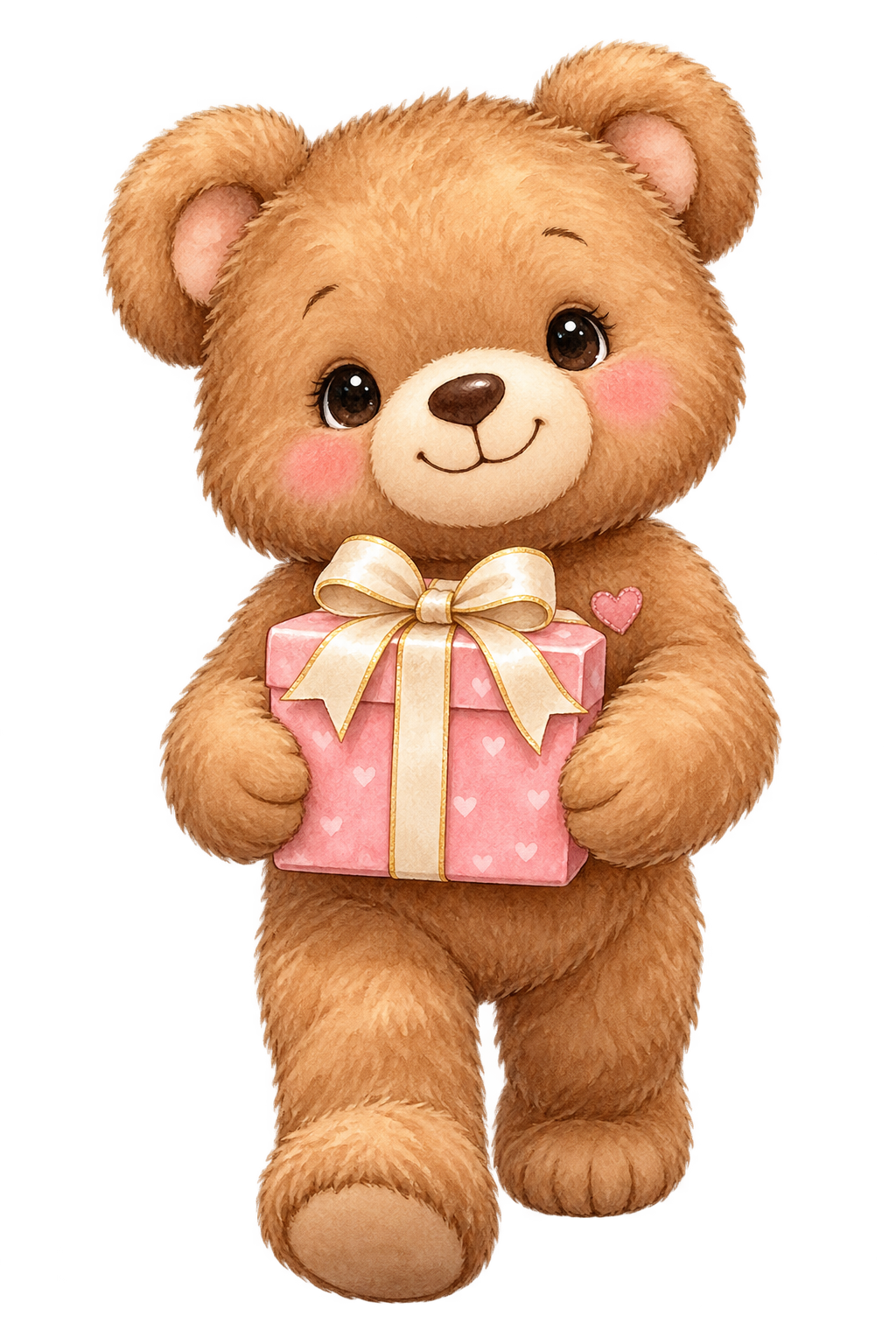 A teddy bear carrying a pink gift for Manisha